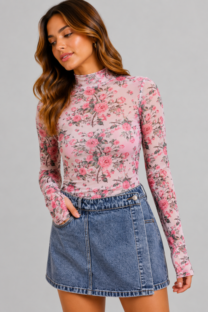 Everleigh Floral Rose Mesh Sheer Top