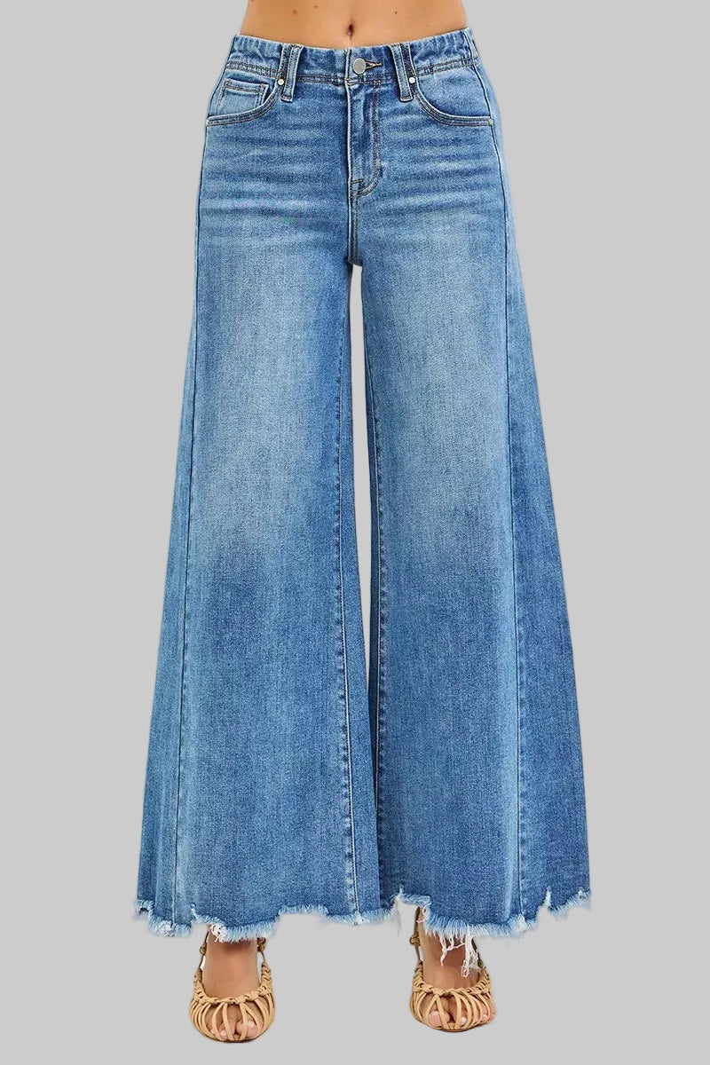 Everleigh High Rise Frayed Hem Ankle Wide Jeans