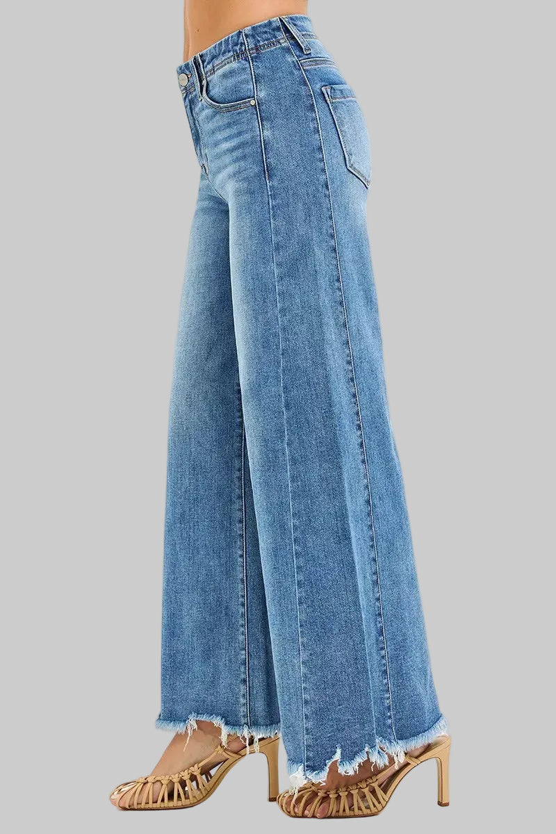 Everleigh High Rise Frayed Hem Ankle Wide Jeans