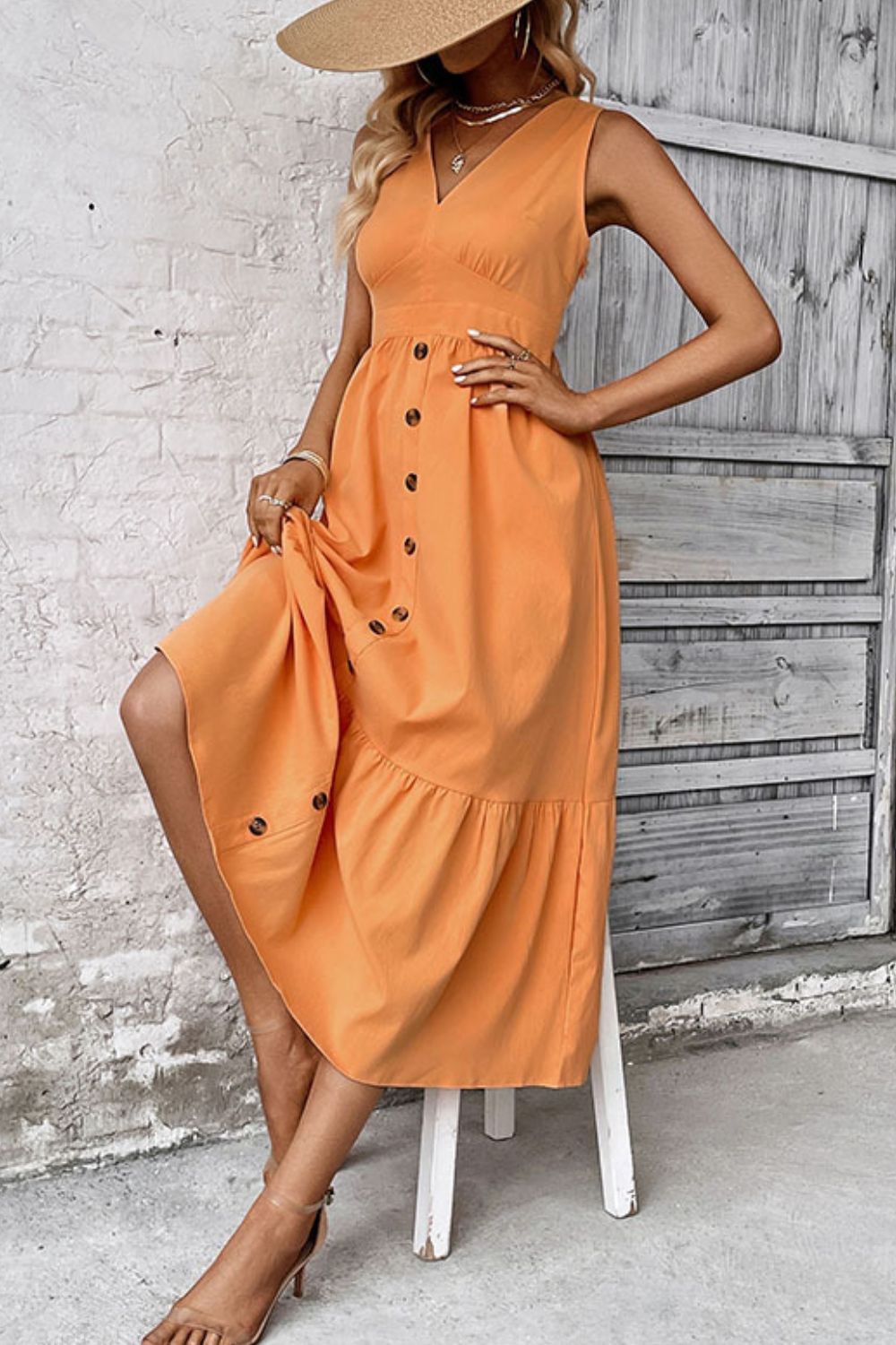 Felicity V-Neck Open Back Tangerine Sleeveless Button Front Dress