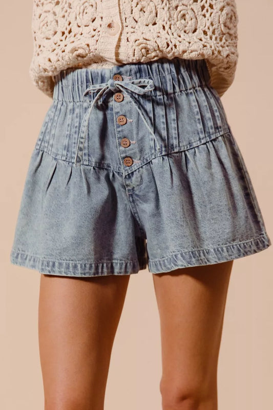 Flared Boho Denim Shorts with Paperbag Elasticized Waist