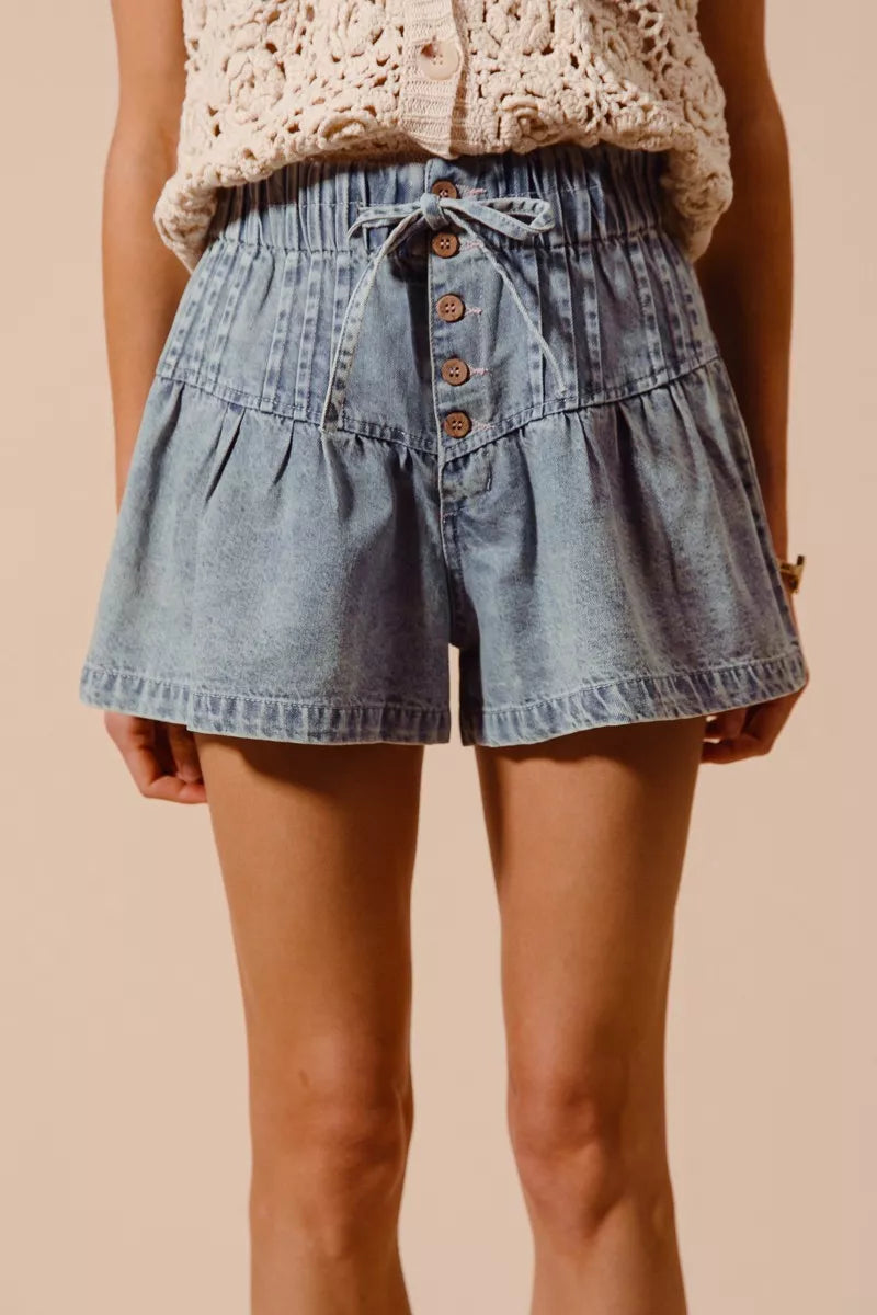 Flared Boho Denim Shorts with Paperbag Elasticized Waist