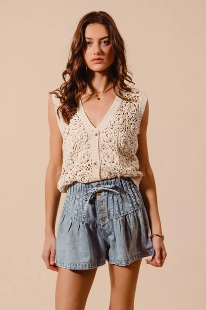 Flared Boho Denim Shorts with Paperbag Elasticized Waist