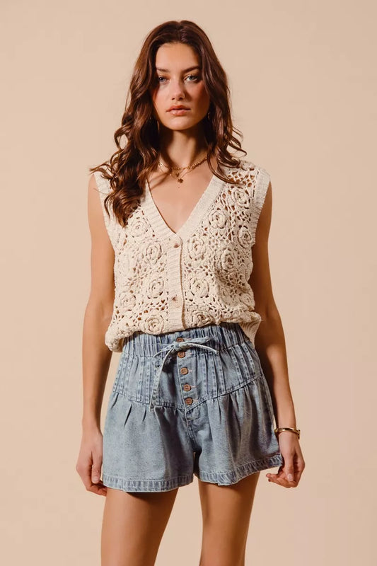 Flared Boho Denim Shorts with Paperbag Elasticized Waist