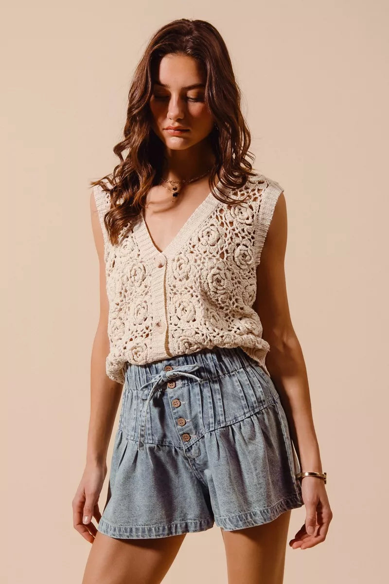 Flared Boho Denim Shorts with Paperbag Elasticized Waist
