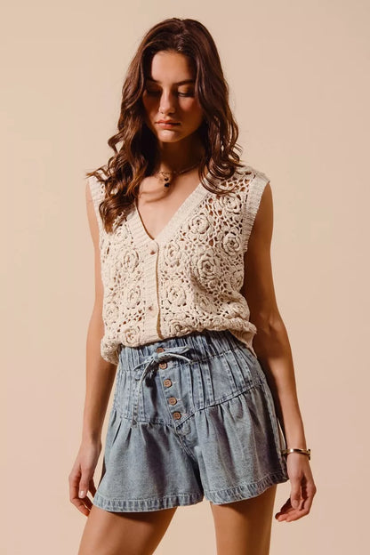 Flared Boho Denim Shorts with Paperbag Elasticized Waist