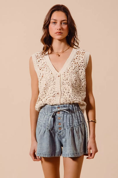 Flared Boho Denim Shorts with Paperbag Elasticized Waist