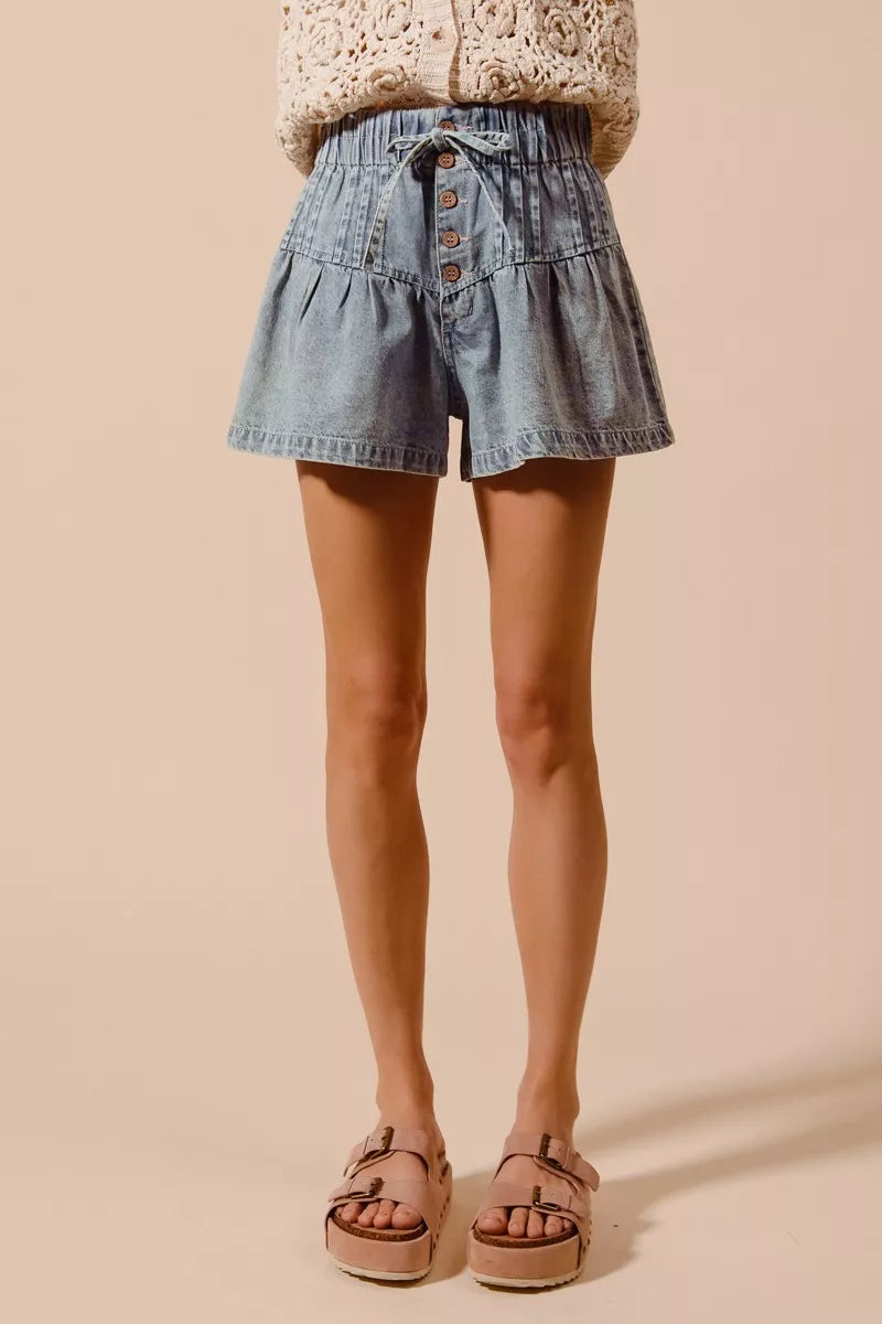 Flared Boho Denim Shorts with Paperbag Elasticized Waist