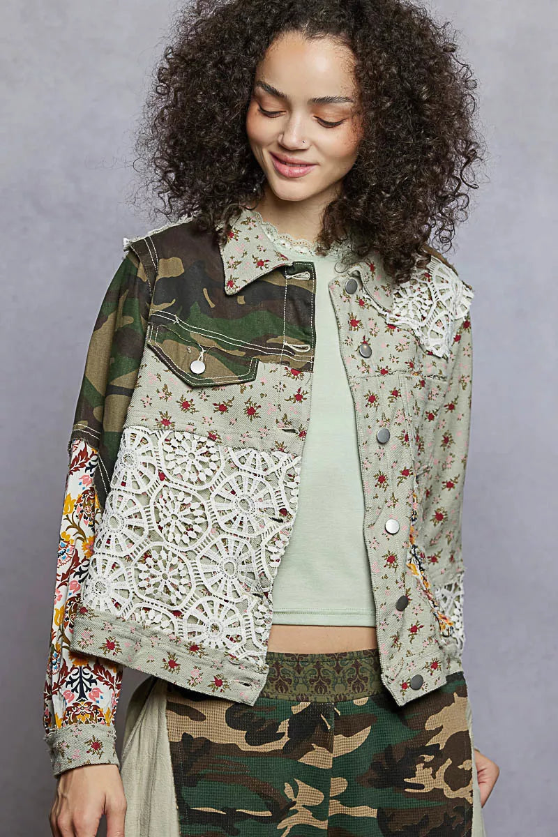 Floral Printed Boho French Terry Jacket with Crochet Contrast