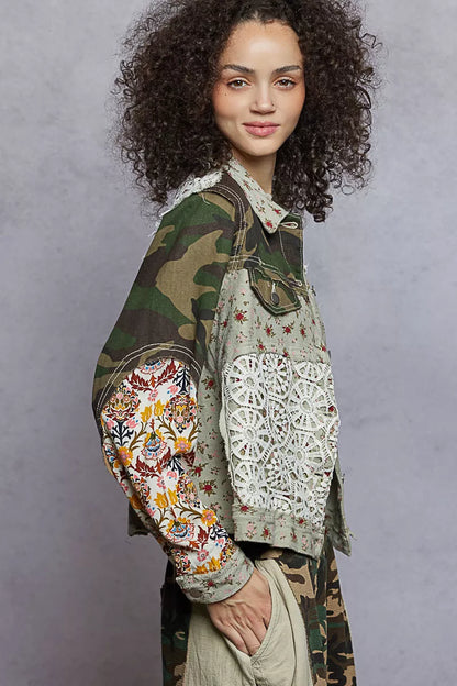 Floral Printed Boho French Terry Jacket with Crochet Contrast