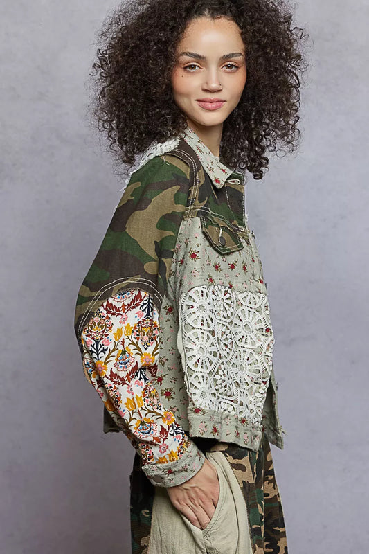 Floral Printed Boho French Terry Jacket with Crochet Contrast
