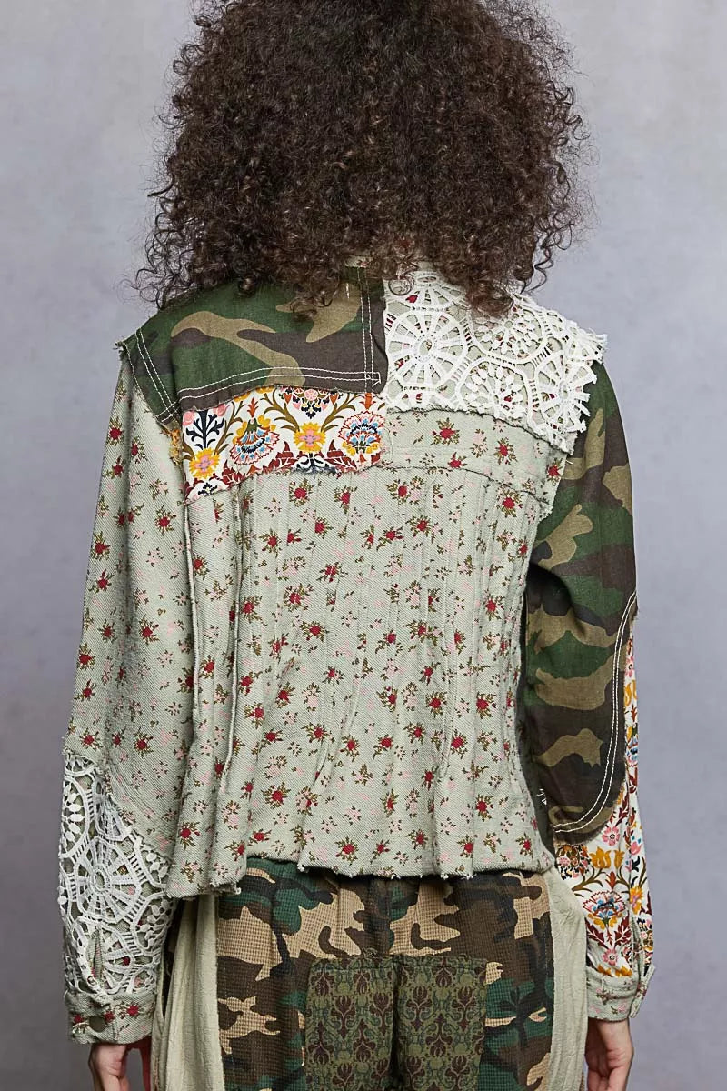 Floral Printed Boho French Terry Jacket with Crochet Contrast