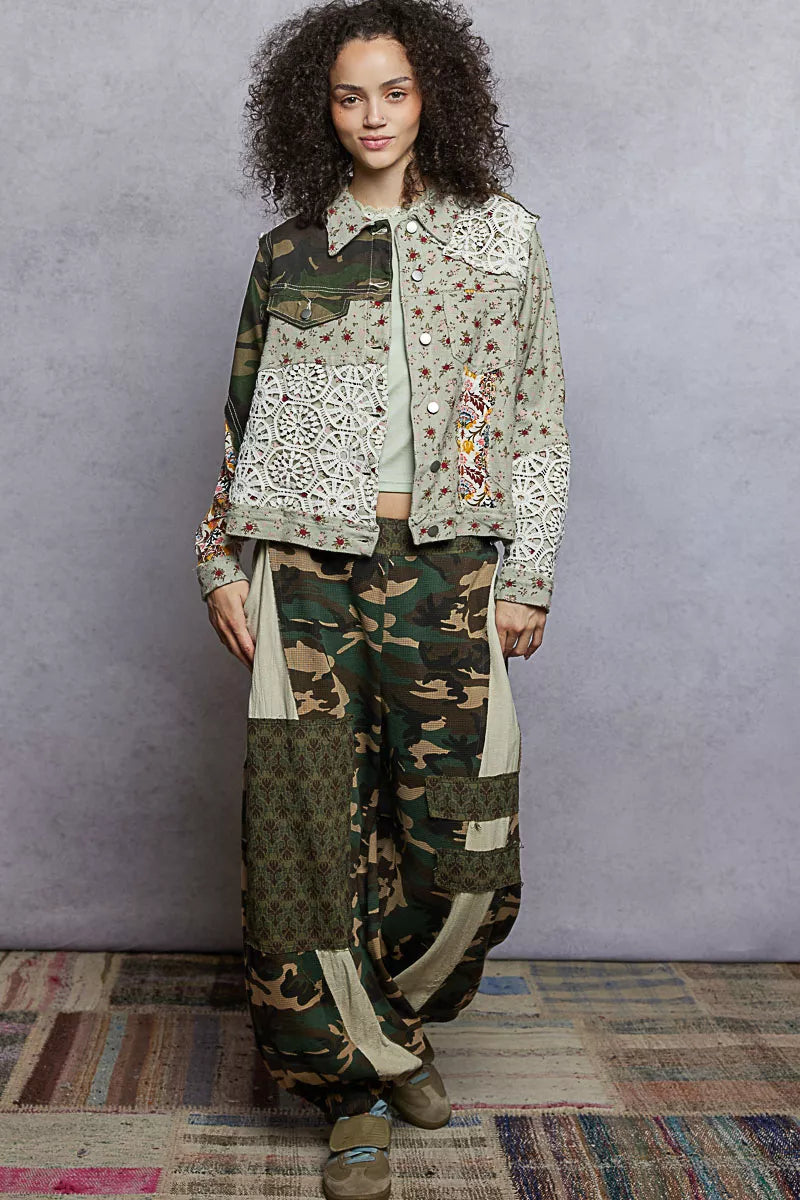 Floral Printed Boho French Terry Jacket with Crochet Contrast