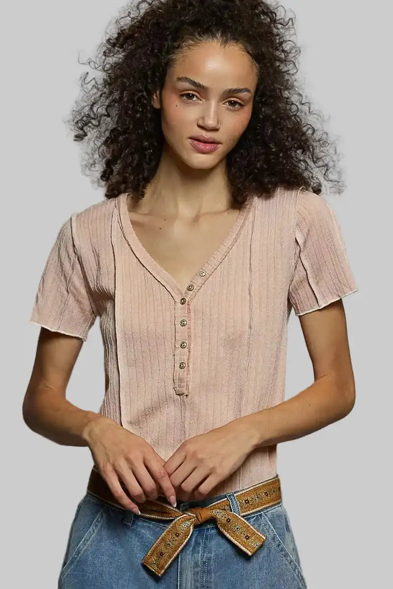 Genevieve Boho V-Neck Stitch Seam Top