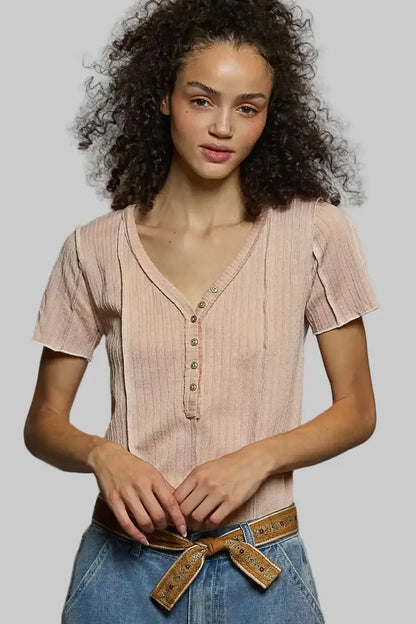 Genevieve Boho V-Neck Stitch Seam Top