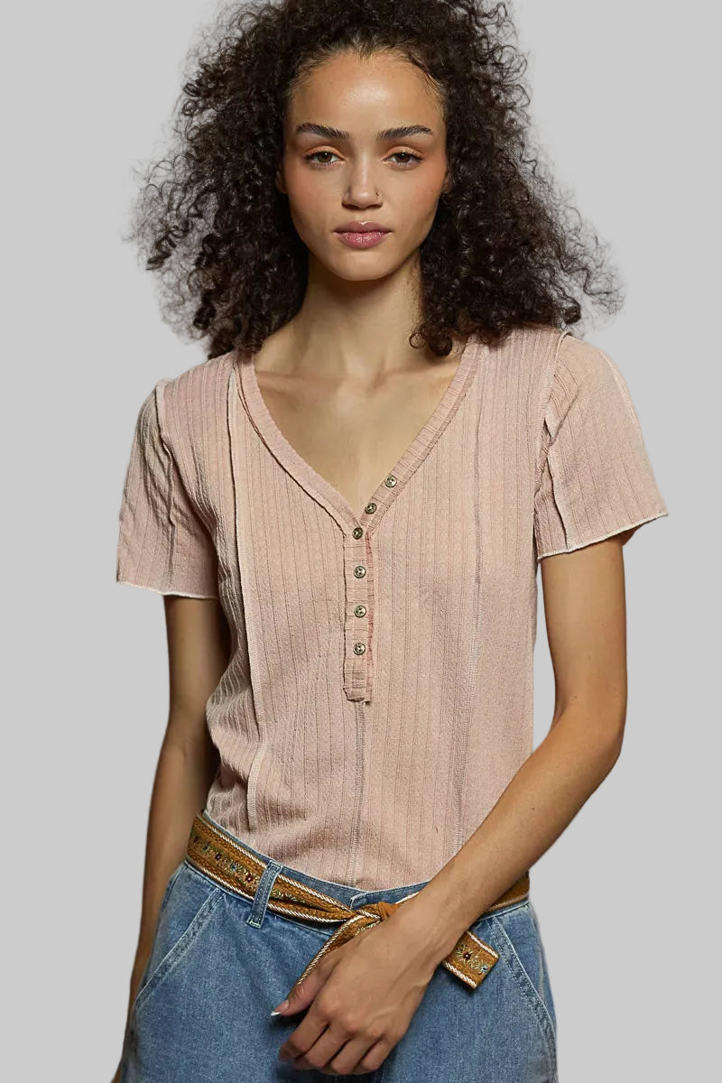 Genevieve Boho V-Neck Stitch Seam Top