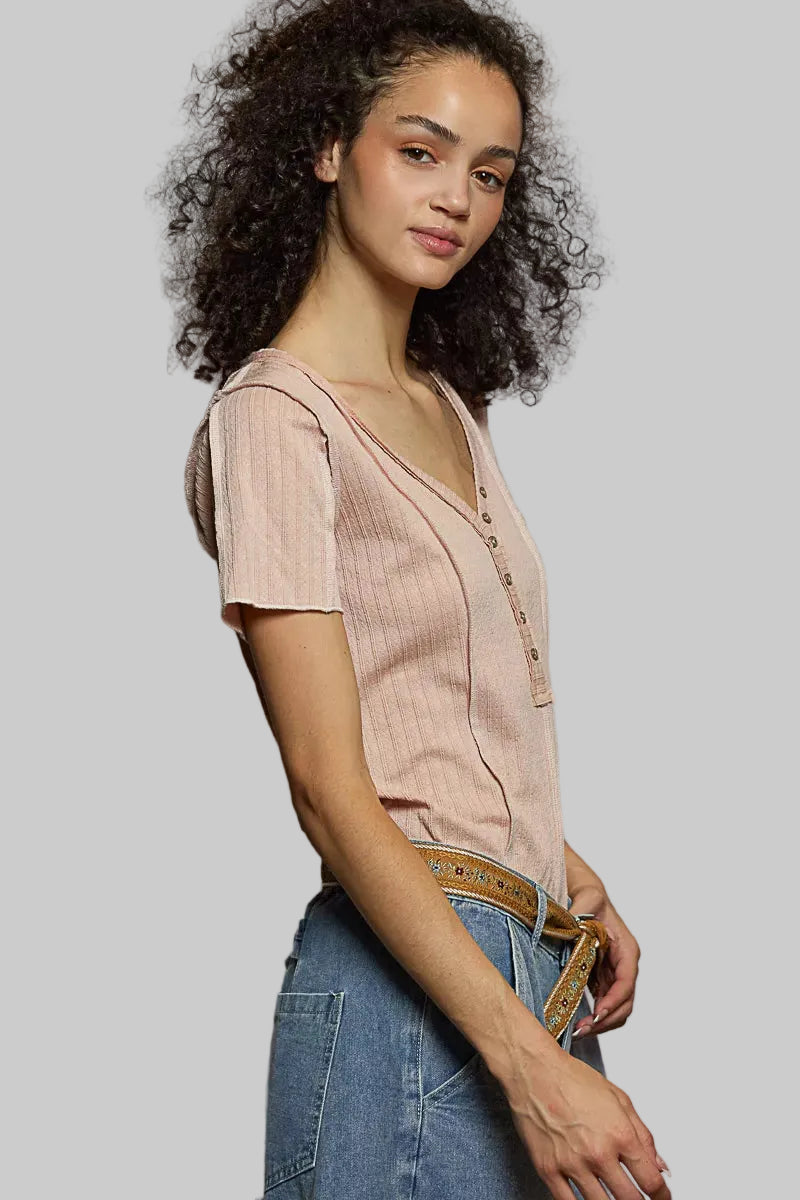 Genevieve Boho V-Neck Stitch Seam Top