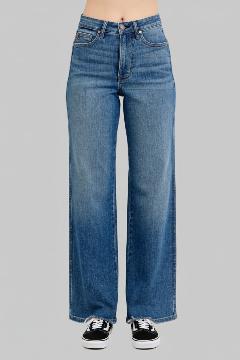 Grace High Waist Tummy Control Chew Hem Destroy Wide Jeans