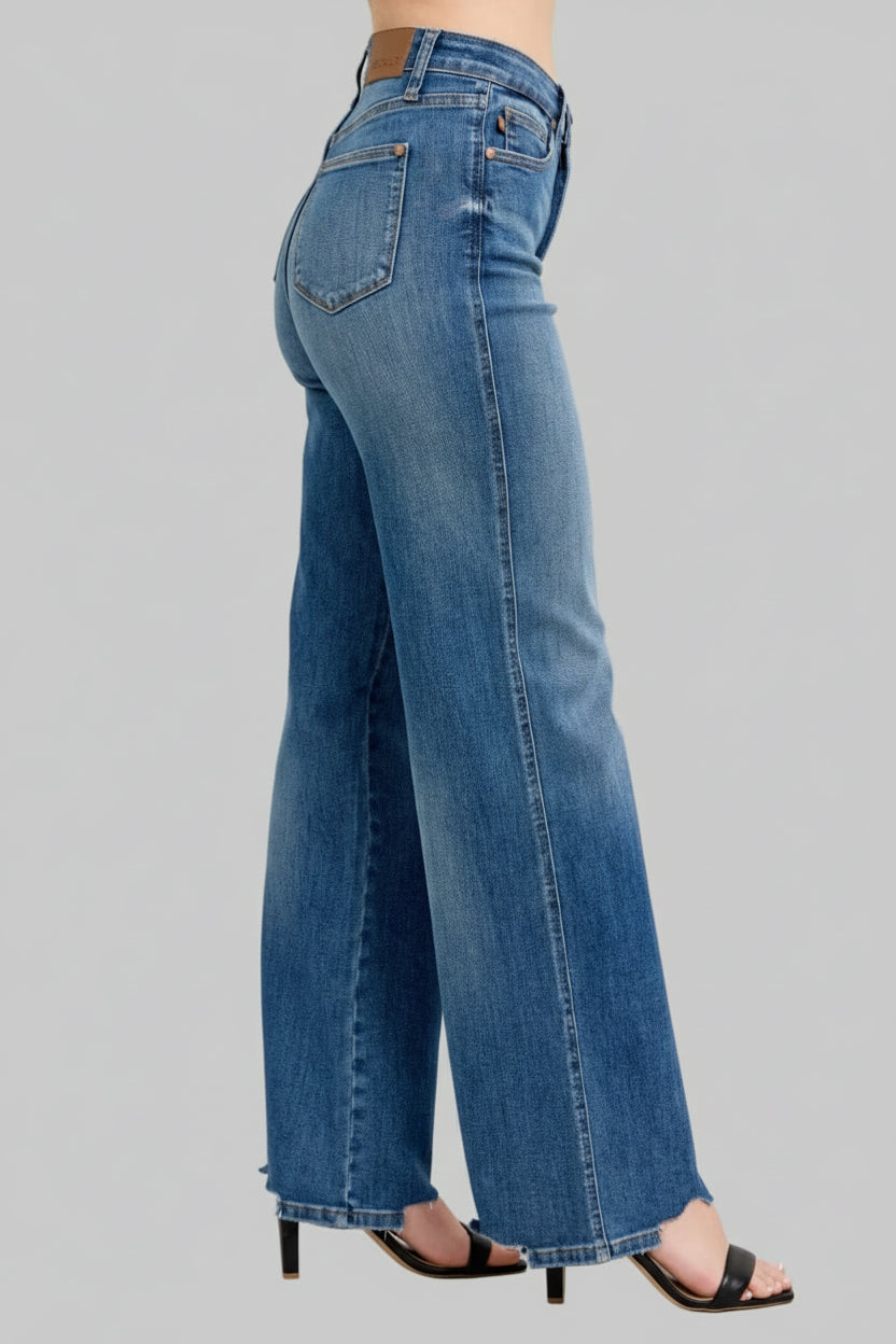Grace High Waist Tummy Control Chew Hem Destroy Wide Jeans
