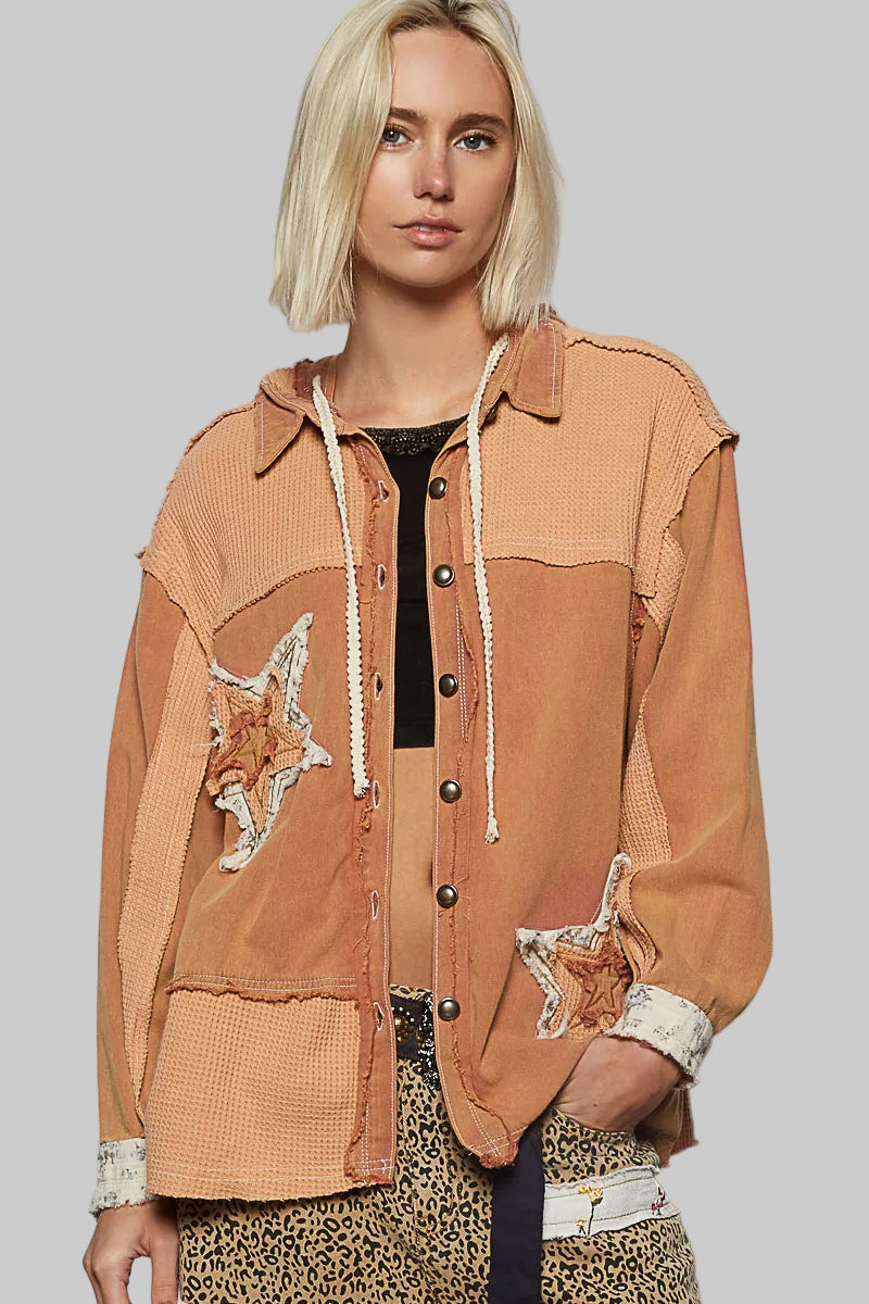 Hailey Boho Button Down Hooded Jacket with Star Patch