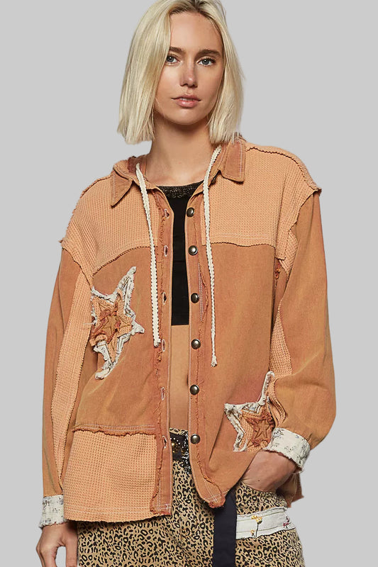 Hailey Boho Button Down Hooded Jacket with Star Patch