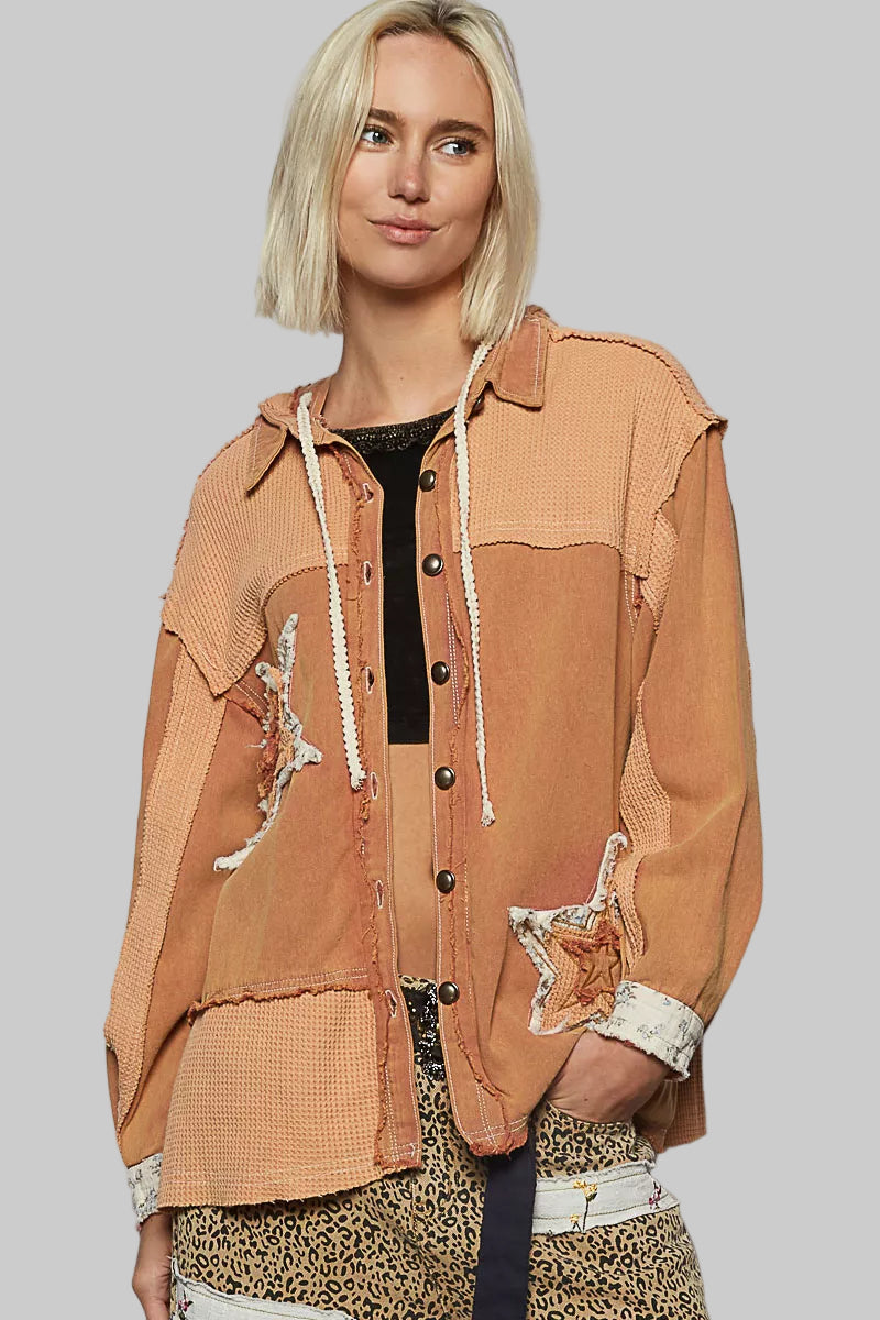 Hailey Boho Button Down Hooded Jacket with Star Patch