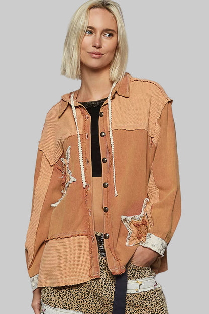 Hailey Boho Button Down Hooded Jacket with Star Patch