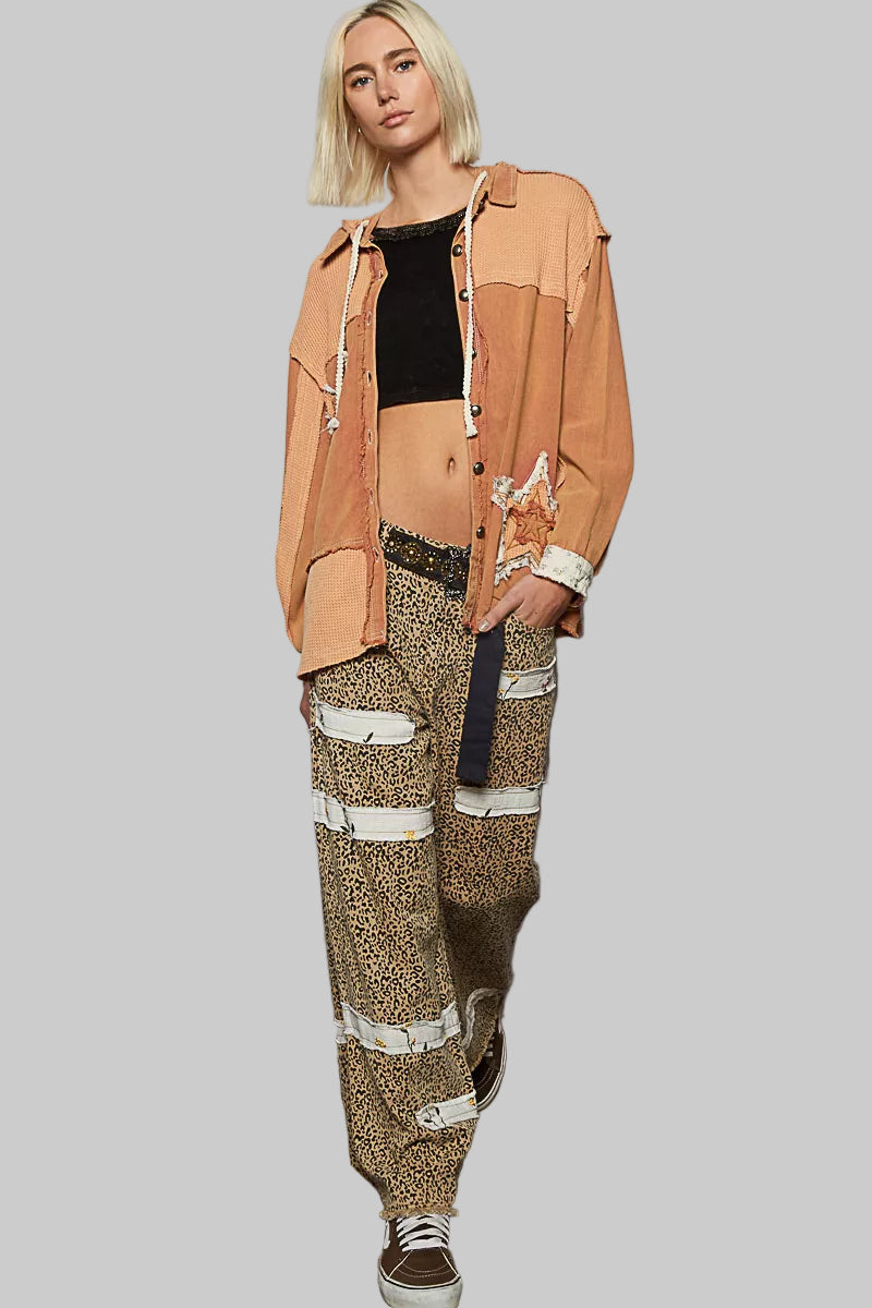 Hailey Boho Button Down Hooded Jacket with Star Patch