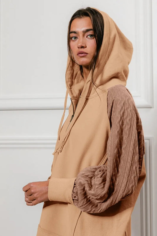Half Zip Bohemian French Terry Hoodie with Kint Sleeves 1
