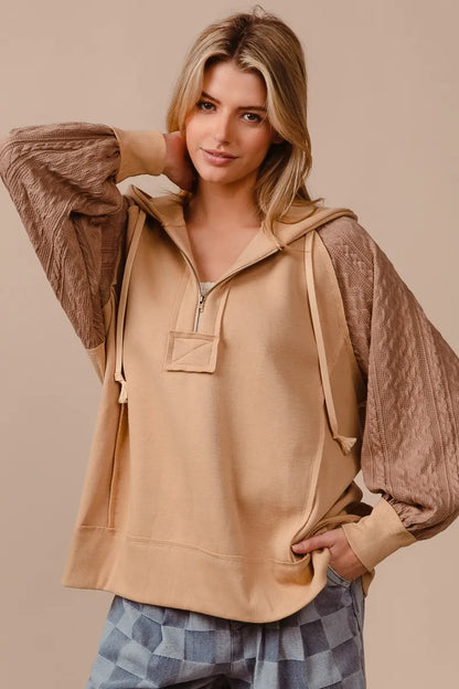 Half Zip Bohemian French Terry Hoodie with Kint Sleeves