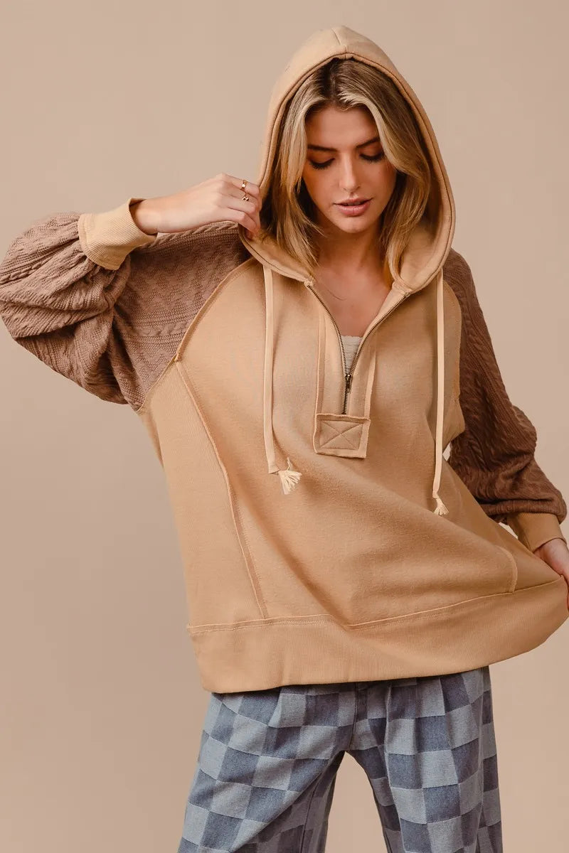 Half Zip Bohemian French Terry Hoodie with Kint Sleeves
