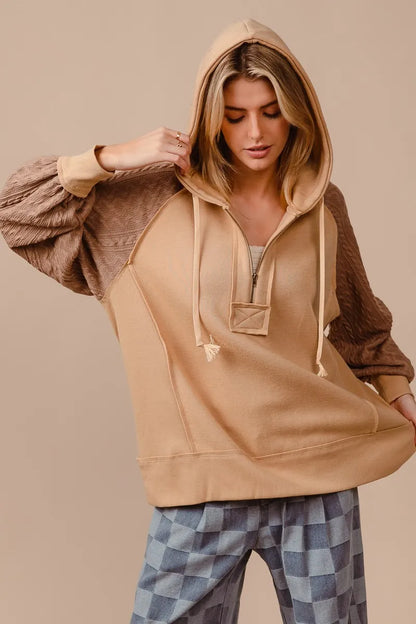Half Zip Bohemian French Terry Hoodie with Kint Sleeves