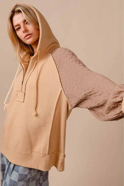 Half Zip Bohemian French Terry Hoodie with Kint Sleeves