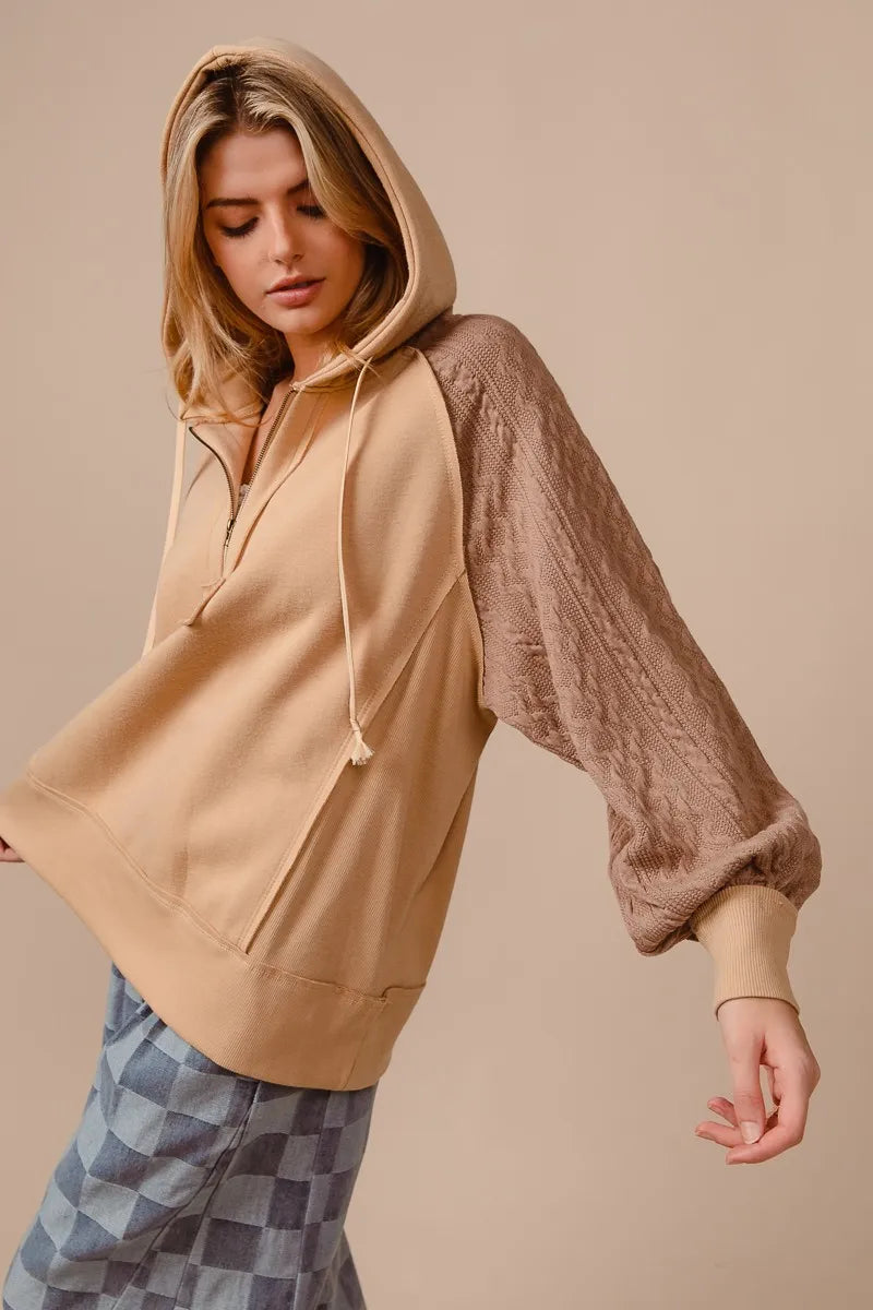 Half Zip Bohemian French Terry Hoodie with Kint Sleeves
