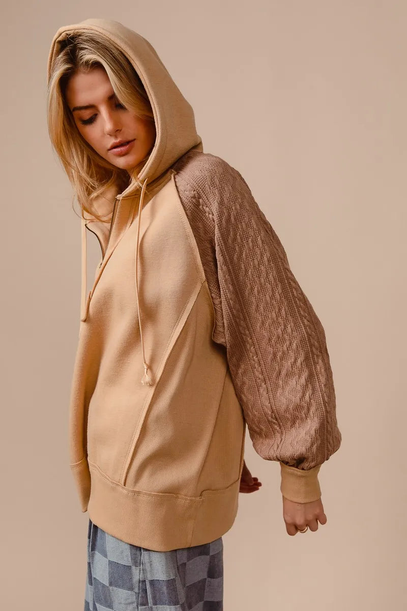 Half Zip Bohemian French Terry Hoodie with Kint Sleeves
