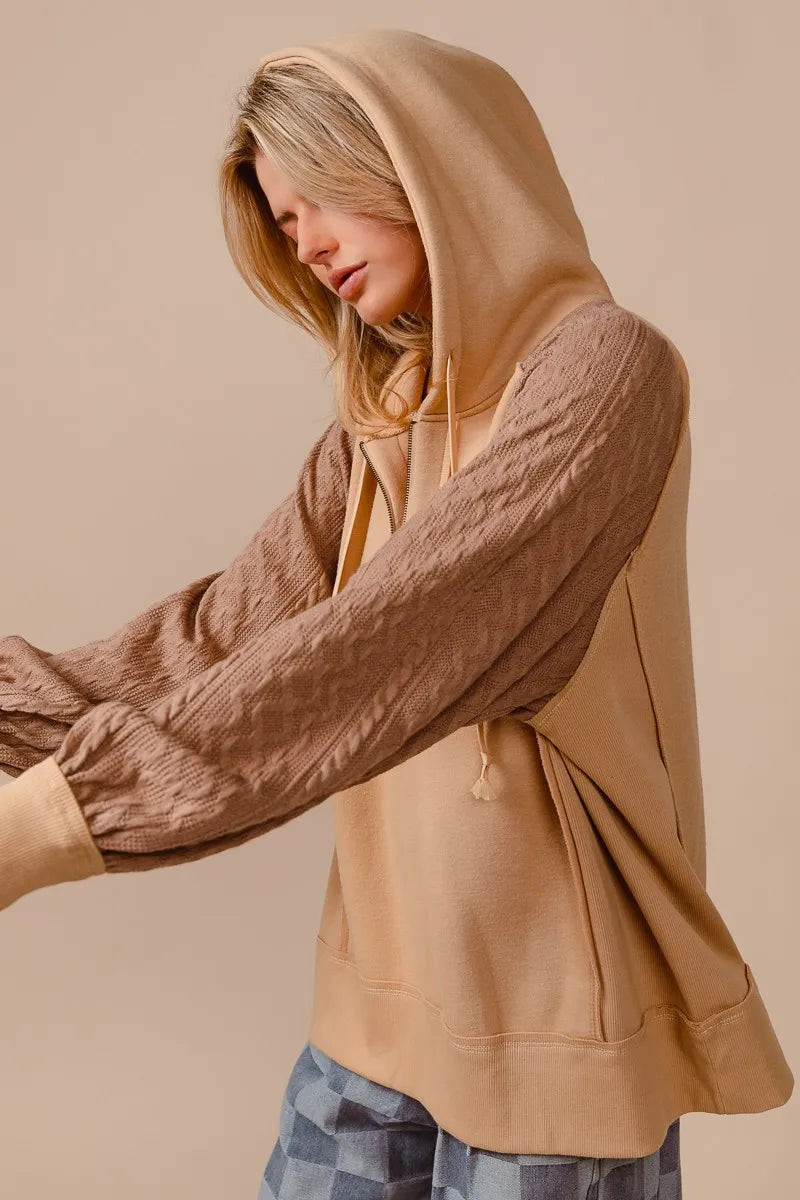 Half Zip Bohemian French Terry Hoodie with Kint Sleeves