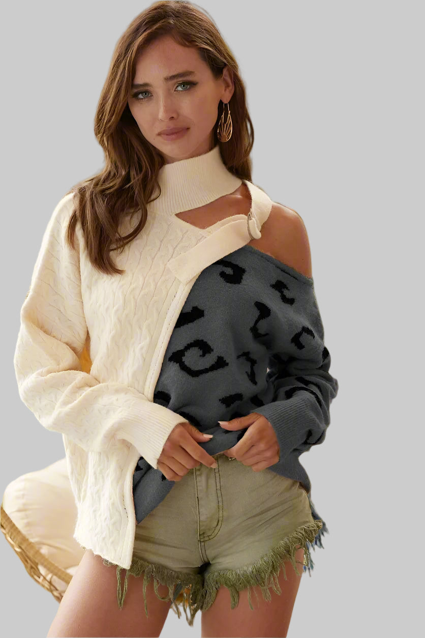 Cable Knit Color Block One Shoulder Asymmetrical Sweater