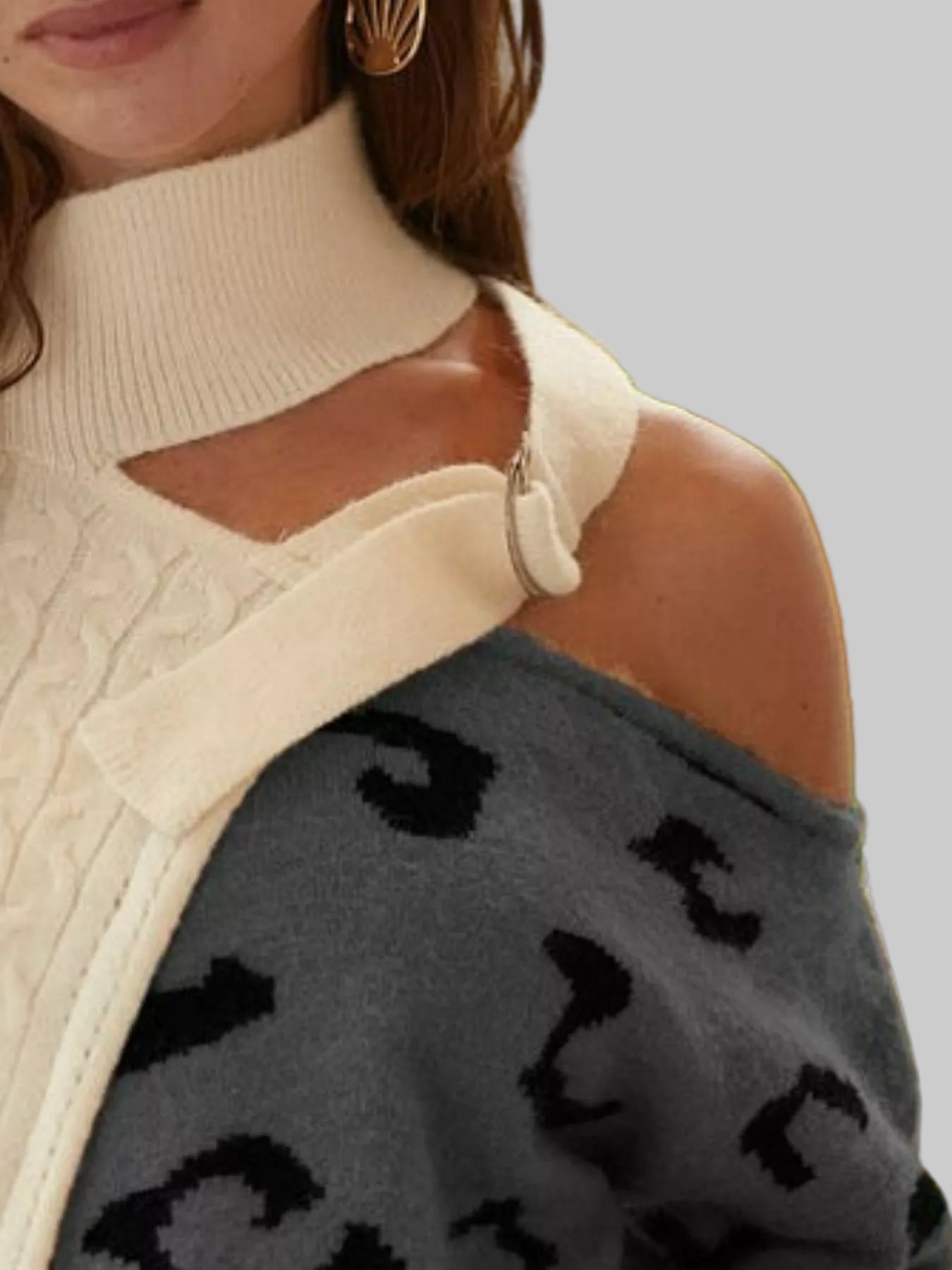 Cable Knit Color Block One Shoulder Asymmetrical Sweater