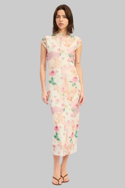 Haven Sheer Mesh Exposed Seam Floral Midi Dress