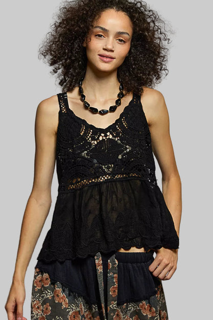 Boho V-Neck Crochet Tank with Floral Embroidery Detail
