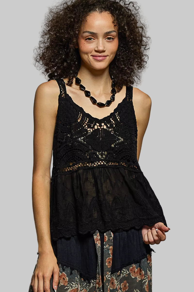 Boho V-Neck Crochet Tank with Floral Embroidery Detail