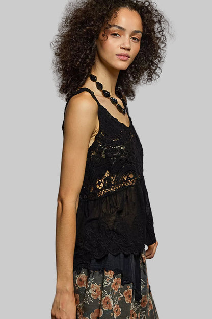 Boho V-Neck Crochet Tank with Floral Embroidery Detail