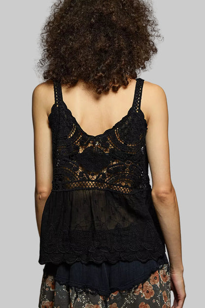 Boho V-Neck Crochet Tank with Floral Embroidery Detail