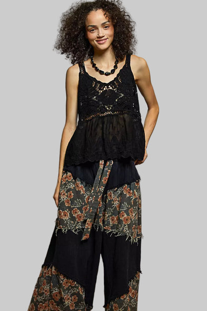 Boho V-Neck Crochet Tank with Floral Embroidery Detail