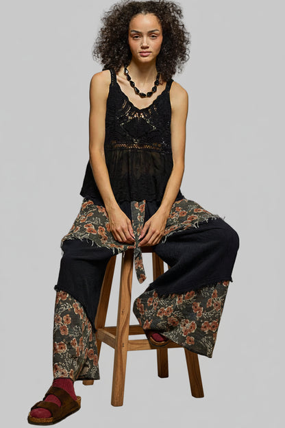 Boho V-Neck Crochet Tank with Floral Embroidery Detail