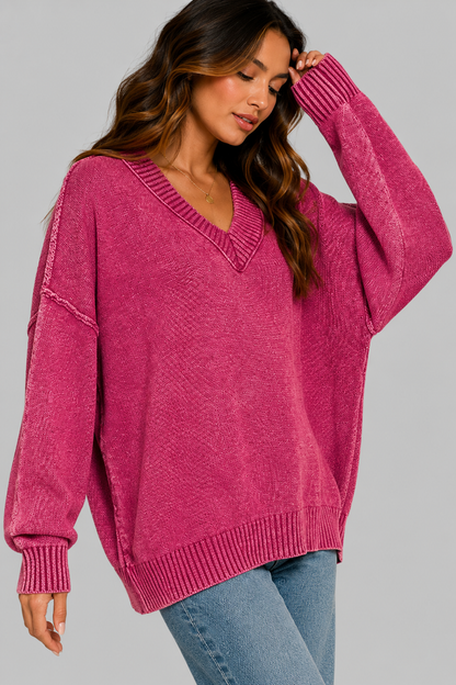 Helena Washed V-neck Oversized Sweater