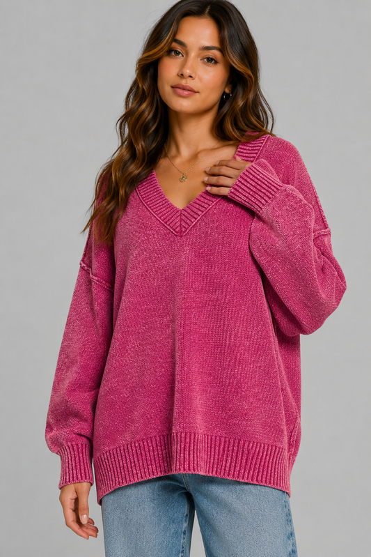 Helena Washed V-neck Oversized Sweater