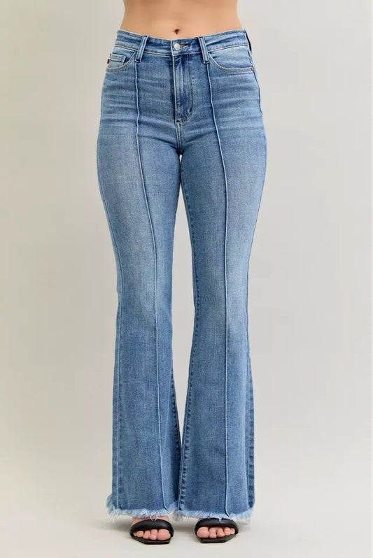 High Waist Flare Fray Hem Jeans with Front Pintuck Detail