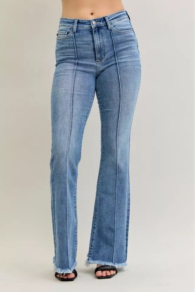 High Waist Flare Fray Hem Jeans with Front Pintuck Detail