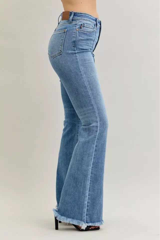 High Waist Flare Fray Hem Jeans with Front Pintuck Detail